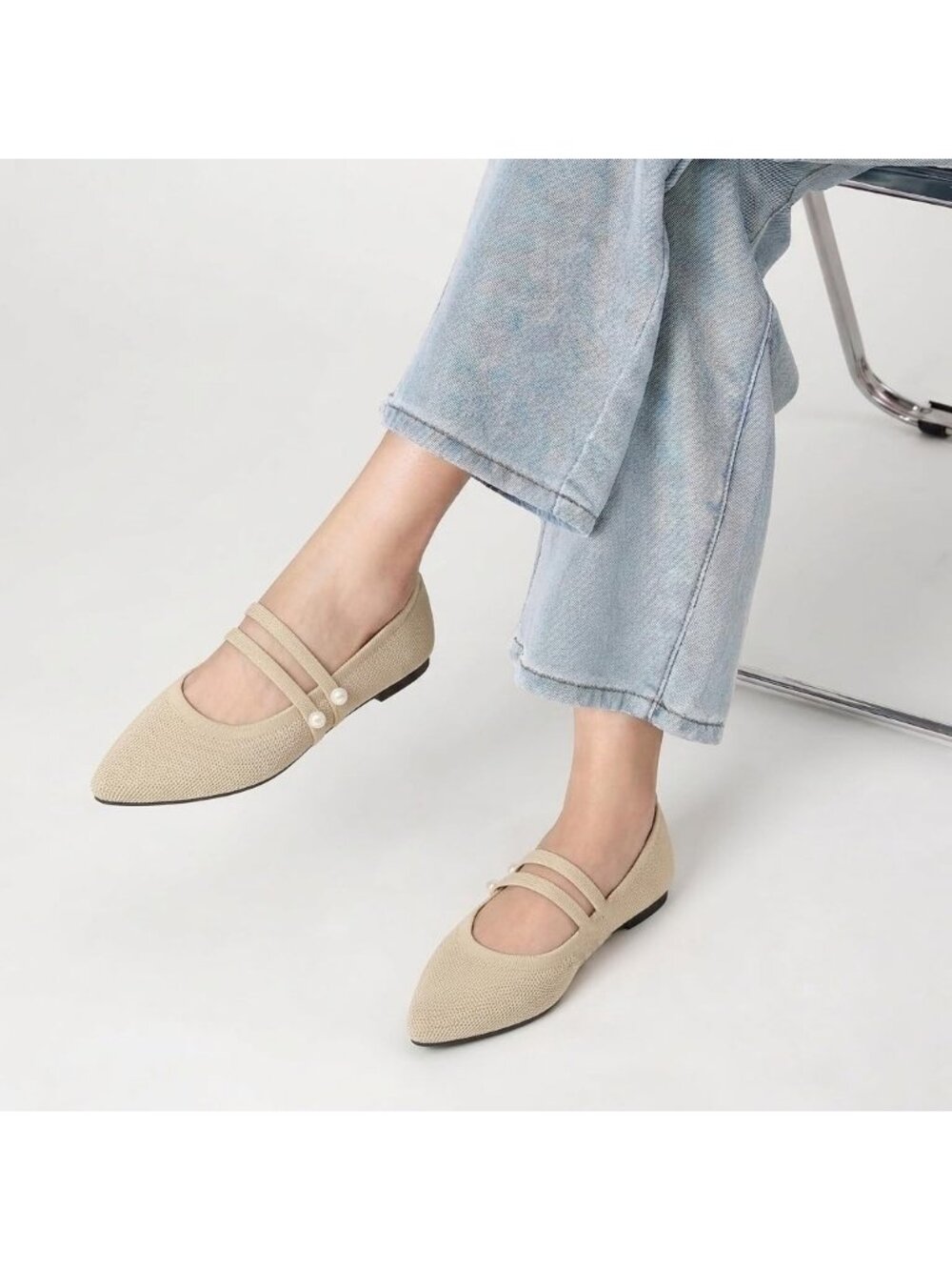 Women's Beige Rubber Knit Pointed Toe Double Strap Ballet Flat Breathable Shoes - Picture 4 of 6